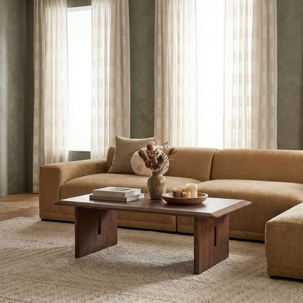 Rowena Interiors Acacia Solid Wood Rectangular Coffee Table with Slab Leg Base for Rustic Living Rooms EC2210