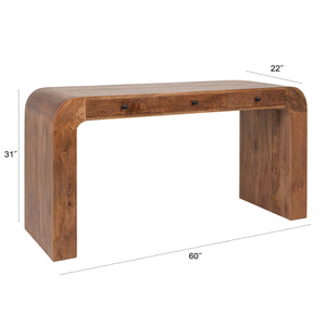 Rowena Interiors Mango Wood Waterfall Desk Solid Grain Sculptural Console for Modern Interiors Walnut EC2213