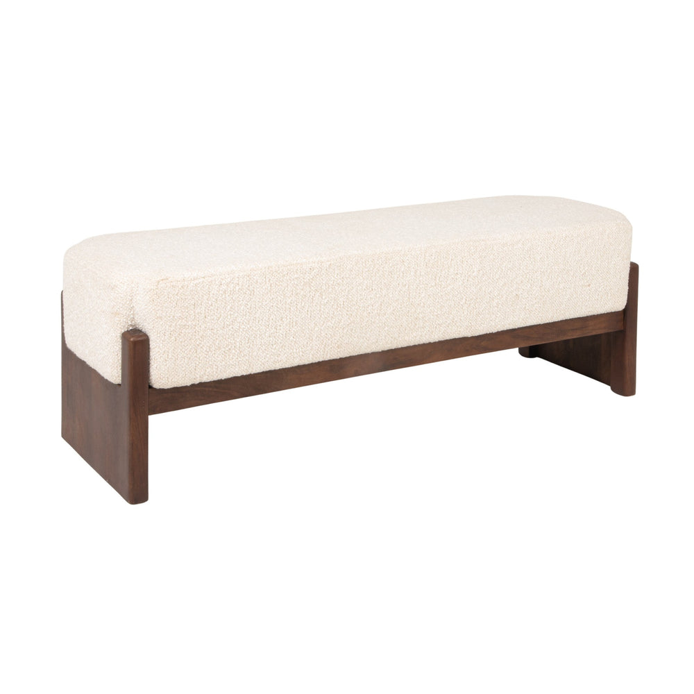Rowena Interiors Bouclé Cushioned Mango Wood Bench with Slatted Walnut Frame for Bedroom or Entryway EC2216