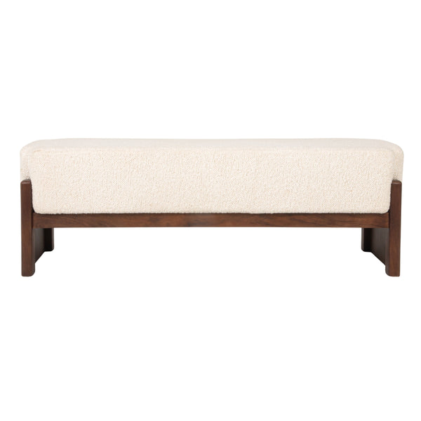 Rowena Interiors Bouclé Cushioned Mango Wood Bench with Slatted Walnut Frame for Bedroom or Entryway EC2216