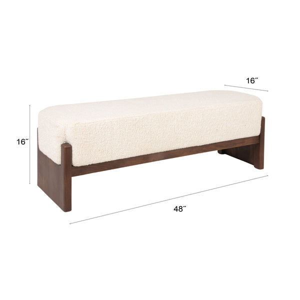 Rowena Interiors Bouclé Cushioned Mango Wood Bench with Slatted Walnut Frame for Bedroom or Entryway EC2216