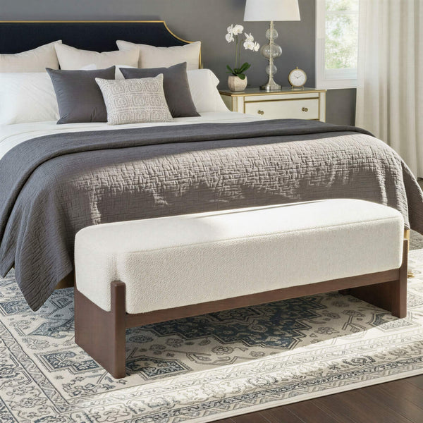 Rowena Interiors Bouclé Cushioned Mango Wood Bench with Slatted Walnut Frame for Bedroom or Entryway EC2216