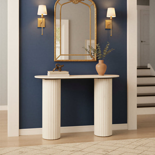 Rowena Interiors Marble Oval Top Console Table with Fluted Column Legs for Entryway or Living Room EC2217MC