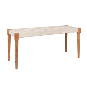 Rowena Interiors Handwoven Cotton Cord Acacia Wood Bench Artisan Checkered Seat Tapered Legs Boho EC2218