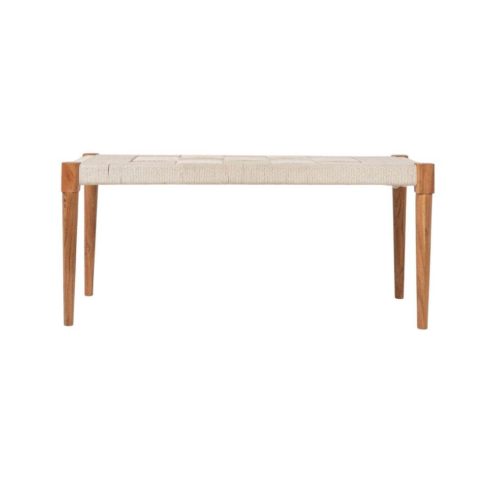 Rowena Interiors Handwoven Cotton Cord Acacia Wood Bench Artisan Checkered Seat Tapered Legs Boho EC2218