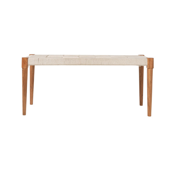 Rowena Interiors Handwoven Cotton Cord Acacia Wood Bench Artisan Checkered Seat Tapered Legs Boho EC2218