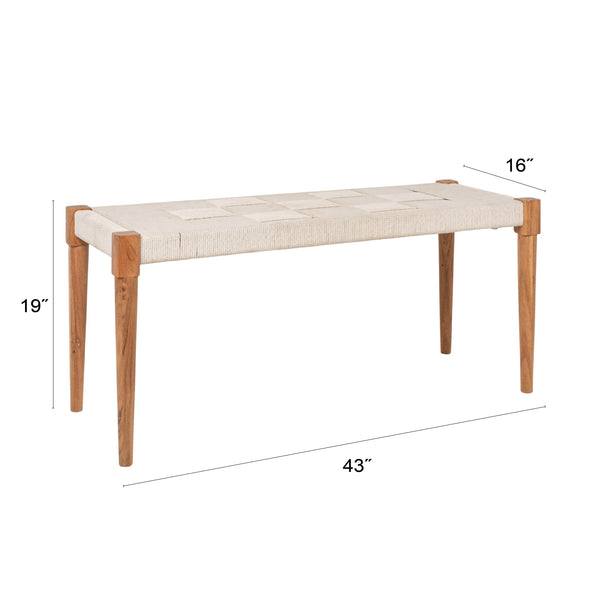 Rowena Interiors Handwoven Cotton Cord Acacia Wood Bench Artisan Checkered Seat Tapered Legs Boho EC2218