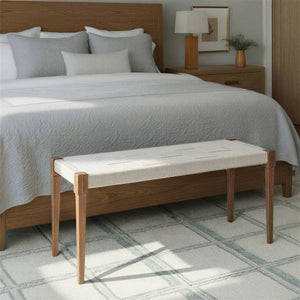 Rowena Interiors Handwoven Cotton Cord Acacia Wood Bench Artisan Checkered Seat Tapered Legs Boho EC2218