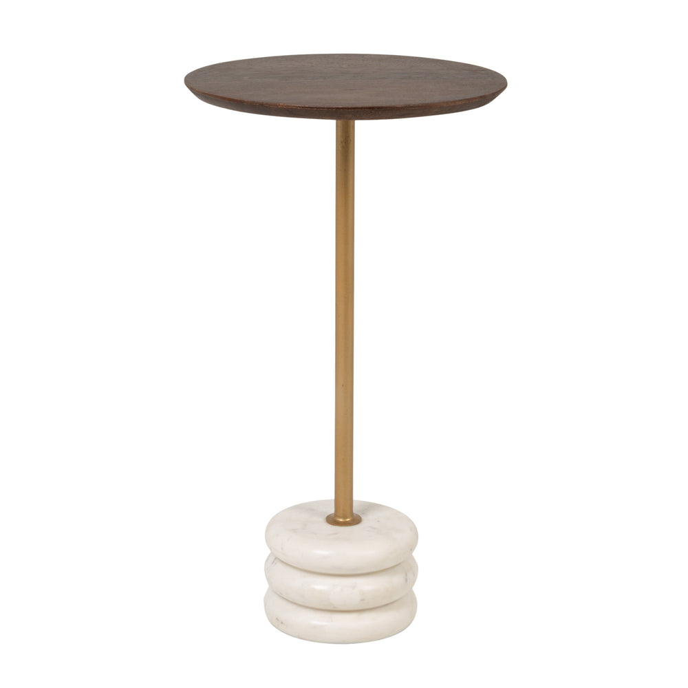 Rowena Interiors Stacked Marble Pedestal Drink Table with Mango Wood Top and Brass Accent Post EC2219