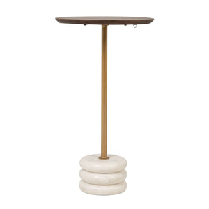 Rowena Interiors Stacked Marble Pedestal Drink Table with Mango Wood Top and Brass Accent Post EC2219