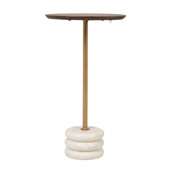 Rowena Interiors Stacked Marble Pedestal Drink Table with Mango Wood Top and Brass Accent Post EC2219