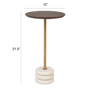 Rowena Interiors Stacked Marble Pedestal Drink Table with Mango Wood Top and Brass Accent Post EC2219