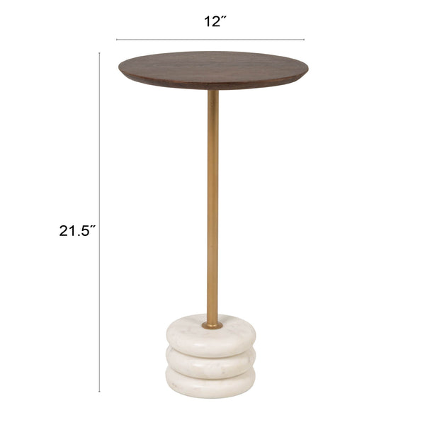Rowena Interiors Stacked Marble Pedestal Drink Table with Mango Wood Top and Brass Accent Post EC2219