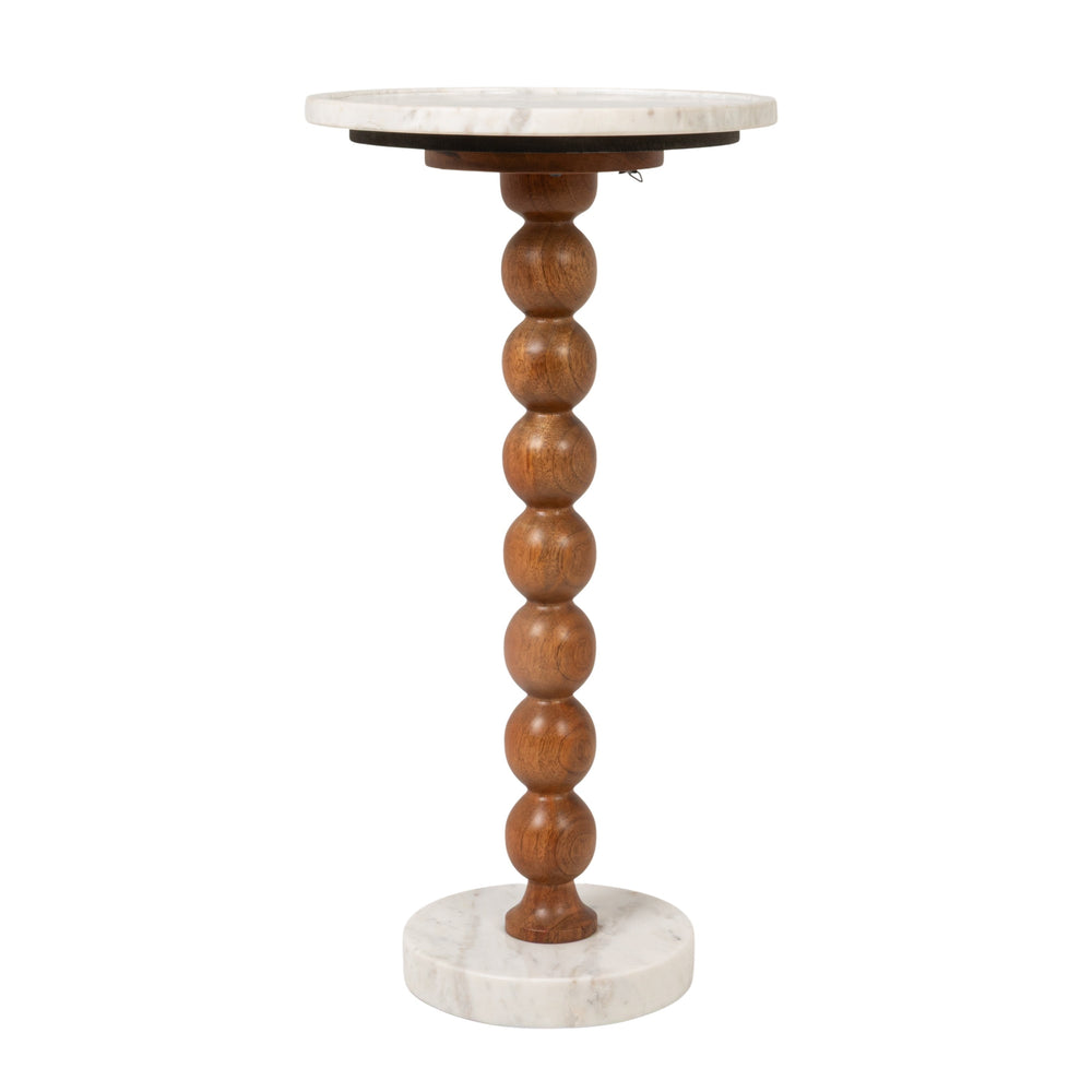 Rowena Interiors Stacked Sphere Mango Wood Pedestal Drink Table with Natural Marble Top and Base EC2220