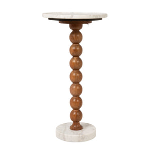 Rowena Interiors Stacked Sphere Mango Wood Pedestal Drink Table with Natural Marble Top and Base EC2220
