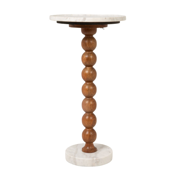 Rowena Interiors Stacked Sphere Mango Wood Pedestal Drink Table with Natural Marble Top and Base EC2220