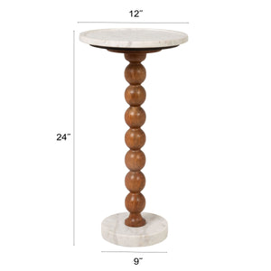 Rowena Interiors Stacked Sphere Mango Wood Pedestal Drink Table with Natural Marble Top and Base EC2220