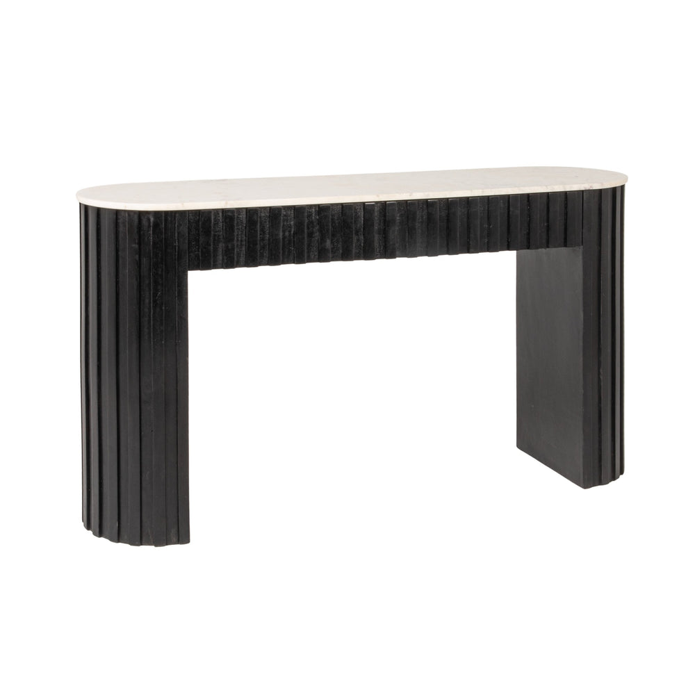 Rowena Interiors Fluted Mango Wood Console with Oval Marble Top Two Drawer Entryway Statement EC2221