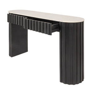 Rowena Interiors Fluted Mango Wood Console with Oval Marble Top Two Drawer Entryway Statement EC2221