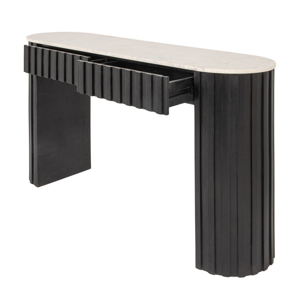 Rowena Interiors Fluted Mango Wood Console with Oval Marble Top Two Drawer Entryway Statement EC2221