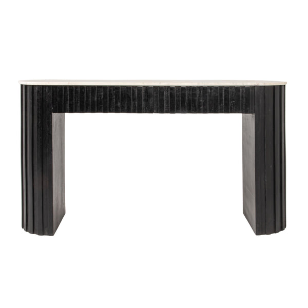 Rowena Interiors Fluted Mango Wood Console with Oval Marble Top Two Drawer Entryway Statement EC2221