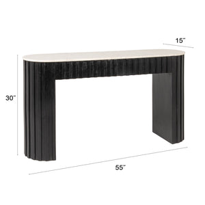 Rowena Interiors Fluted Mango Wood Console with Oval Marble Top Two Drawer Entryway Statement EC2221