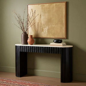 Rowena Interiors Fluted Mango Wood Console with Oval Marble Top Two Drawer Entryway Statement EC2221