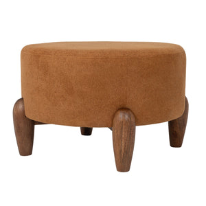 Rowena Interiors Round Boucle Upholstered Ottoman with Solid Mango Wood Tapered Legs for Living Rooms EC2222