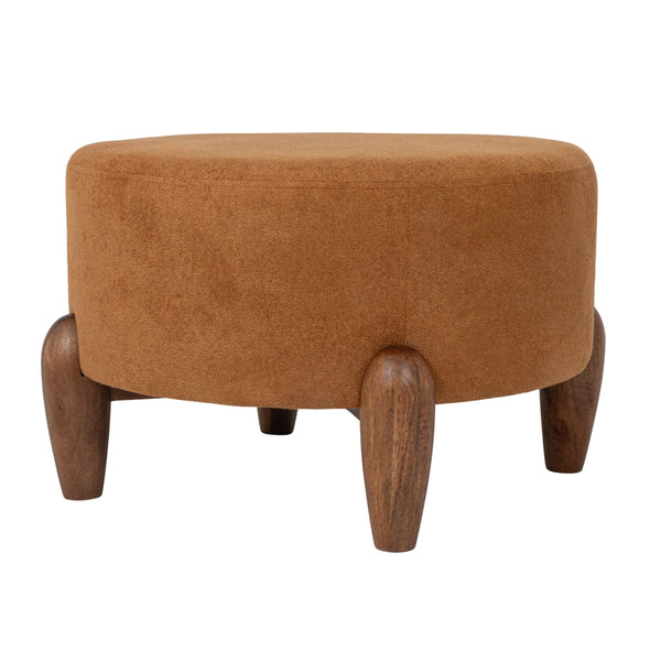 Rowena Interiors Round Boucle Upholstered Ottoman with Solid Mango Wood Tapered Legs for Living Rooms EC2222