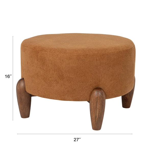 Rowena Interiors Round Boucle Upholstered Ottoman with Solid Mango Wood Tapered Legs for Living Rooms EC2222