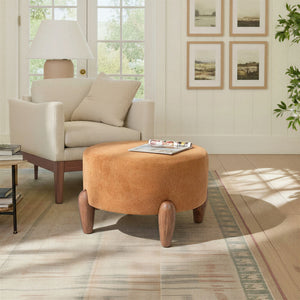 Rowena Interiors Round Boucle Upholstered Ottoman with Solid Mango Wood Tapered Legs for Living Rooms EC2222