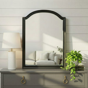 Rowena Interiors Arched Mango Wood Wall Mirror Black Frame Organic Grain Farmhouse Bedroom Entryway EC2224