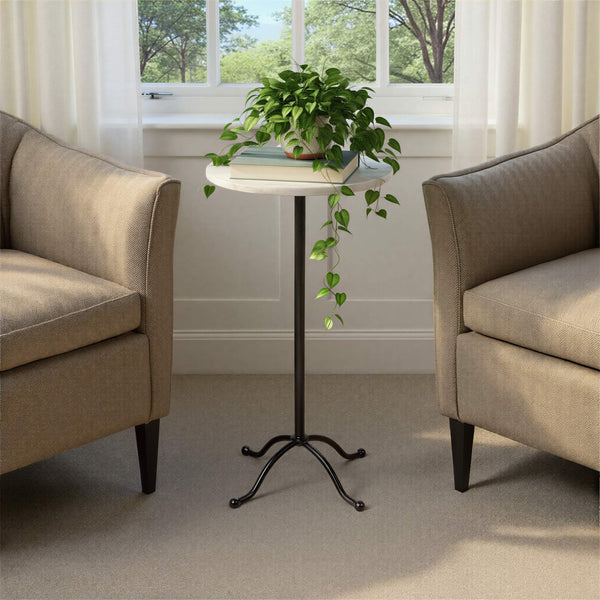 Rowena Interiors Marble Top Round Side Table with Black Pedestal Base for Living Room Decor EC2225