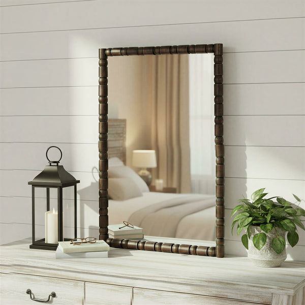 Rowena Interiors Sculptural Mango Wood Wall Mirror with Hand-Turned Segments for Modern Farmhouse Rooms Dark Walnut EC2228