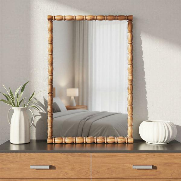 Rowena Interiors Sculptural Mango Wood Wall Mirror with Hand-Turned Segments for Modern Farmhouse Rooms Walnut EC2229