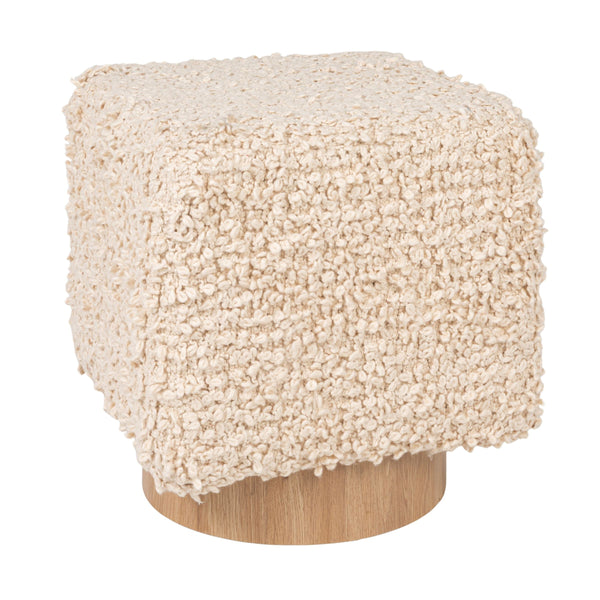 Rowena Interiors Bouclé Ivory Drum Stool with Nubby Woven Texture and Natural Wood Base for Boho Spaces EC2230