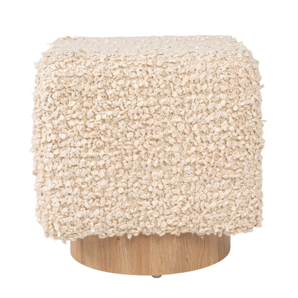 Rowena Interiors Bouclé Ivory Drum Stool with Nubby Woven Texture and Natural Wood Base for Boho Spaces EC2230