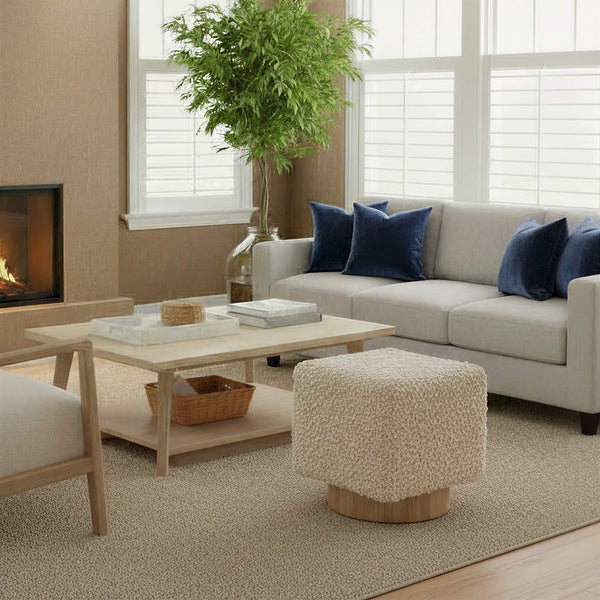 Rowena Interiors Bouclé Ivory Drum Stool with Nubby Woven Texture and Natural Wood Base for Boho Spaces EC2230