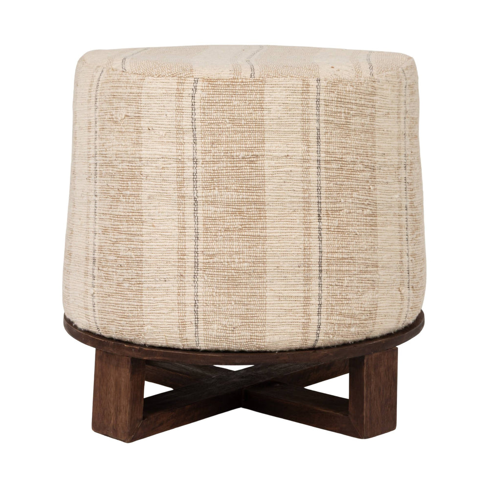 Rowena Interiors Cotton Handwoven Striped Round Ottoman with Dark Criss Cross Wood Base for Boho Rooms EC2232
