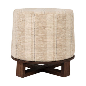 Rowena Interiors Cotton Handwoven Striped Round Ottoman with Dark Criss Cross Wood Base for Boho Rooms EC2232
