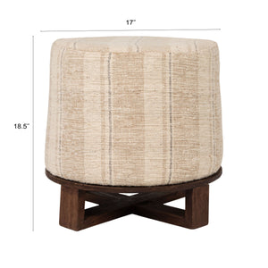 Rowena Interiors Cotton Handwoven Striped Round Ottoman with Dark Criss Cross Wood Base for Boho Rooms EC2232