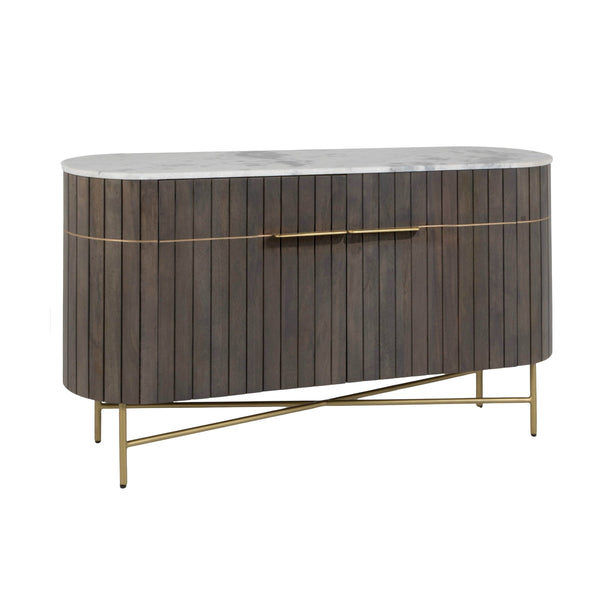 Rowena Interiors Mango Wood Console Table Fluted Doors Marble Top Brass Legs Entryway Storage EC2235