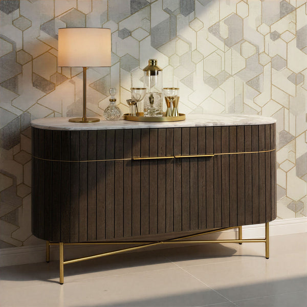 Rowena Interiors Mango Wood Console Table Fluted Doors Marble Top Brass Legs Entryway Storage EC2235