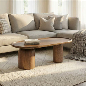 Rowena Interiors Asymmetrical Mango Wood Oval Coffee Table Sculptural Pedestal Base Tray Top EC2236MC