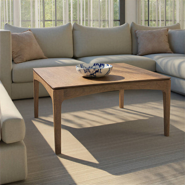 Rowena Interiors Square Solid Mango Wood Coffee Table Walnut Finish Arched Base Tapered Legs Living Room EC2237