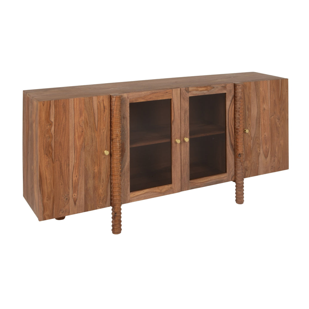 Rowena Interiors Sheesham Solid Wood Buffet with Glass Panel Doors Carved Legs Honey Walnut Finish EC2240