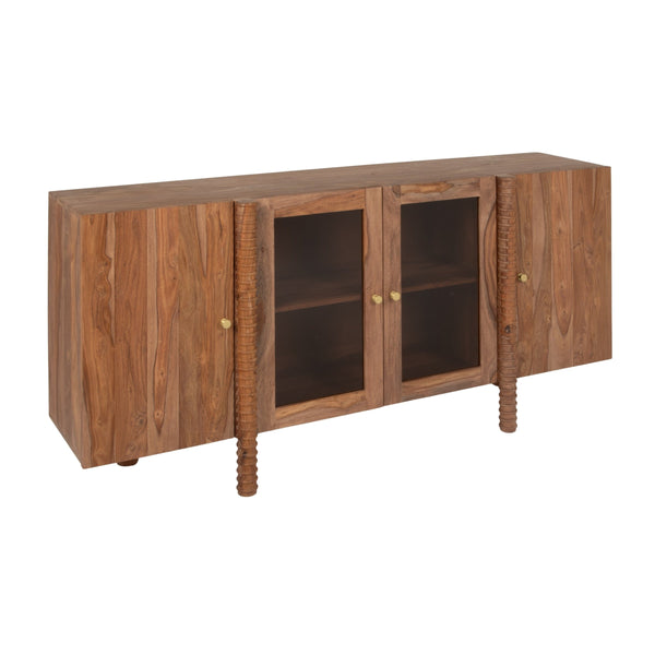 Rowena Interiors Sheesham Solid Wood Buffet with Glass Panel Doors Carved Legs Honey Walnut Finish EC2240