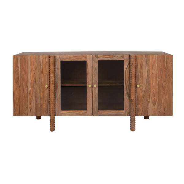 Rowena Interiors Sheesham Solid Wood Buffet with Glass Panel Doors Carved Legs Honey Walnut Finish EC2240