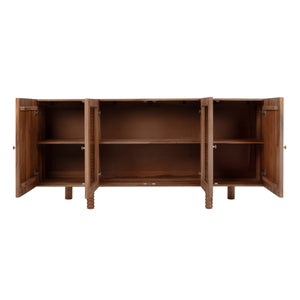 Rowena Interiors Sheesham Solid Wood Buffet with Glass Panel Doors Carved Legs Honey Walnut Finish EC2240