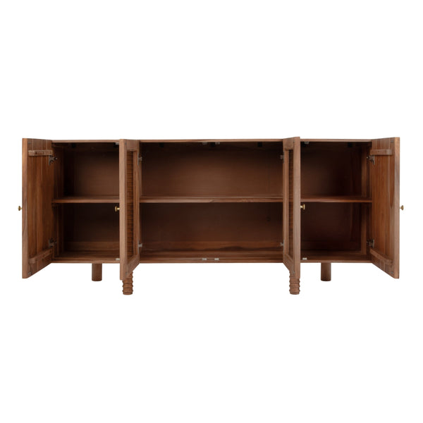 Rowena Interiors Sheesham Solid Wood Buffet with Glass Panel Doors Carved Legs Honey Walnut Finish EC2240